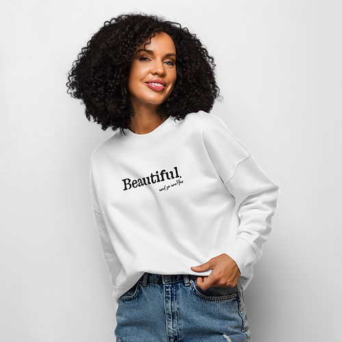 White organic cotton crewneck sweatshirt with 'Beautiful' embroider