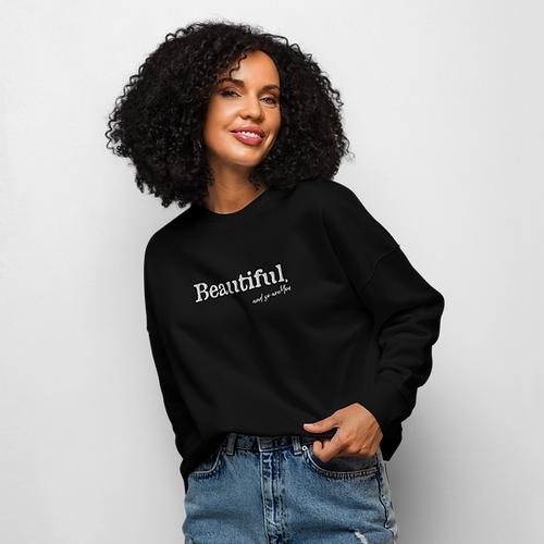Black organic cotton crewneck sweatshirt with 'Beautiful' embroider