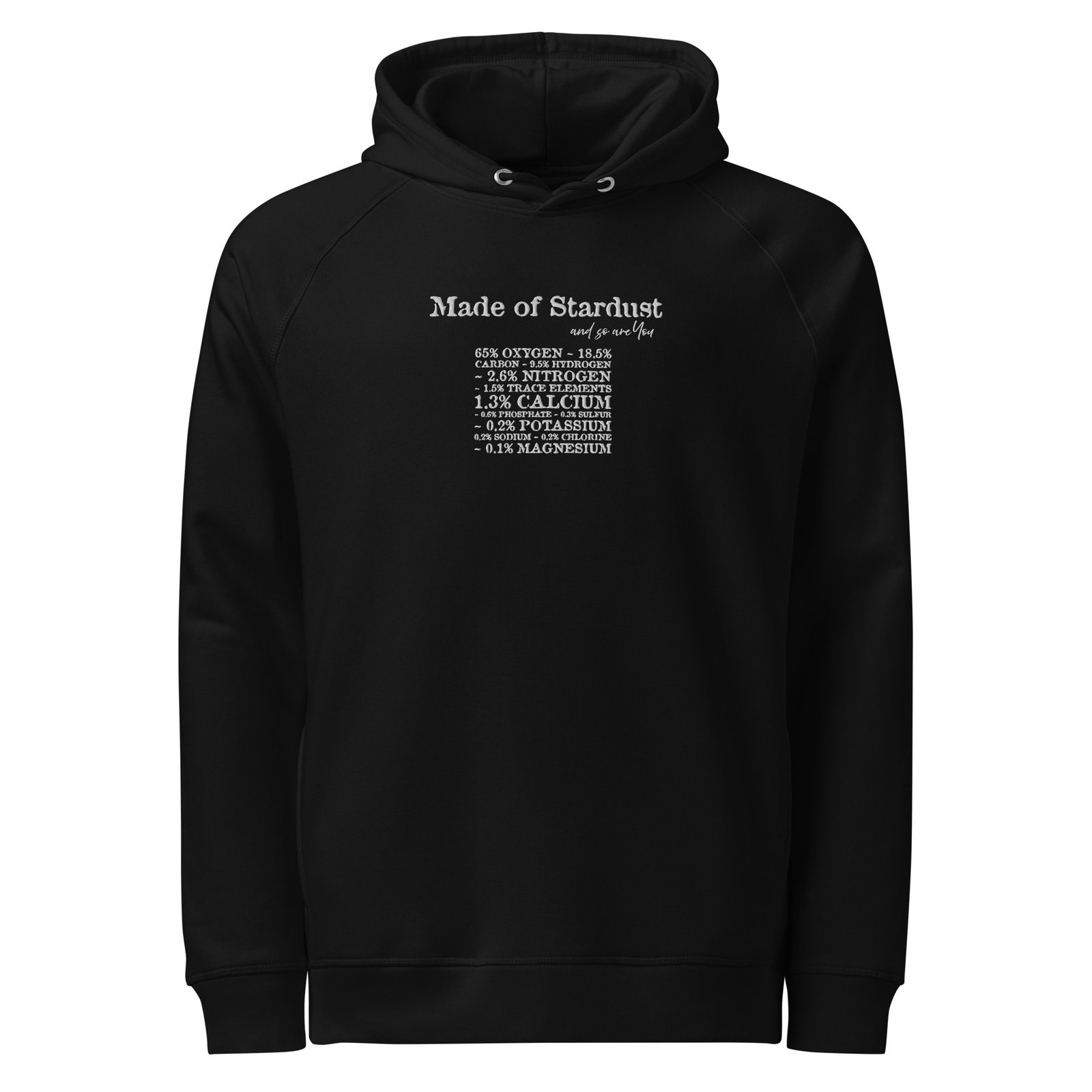 unisex-organic-side-pocket-hoodie-black-front-690d27bc2db37.jpg Black organic cotton hoodie sweatshirt with 'Made of Stardust' embroidery
