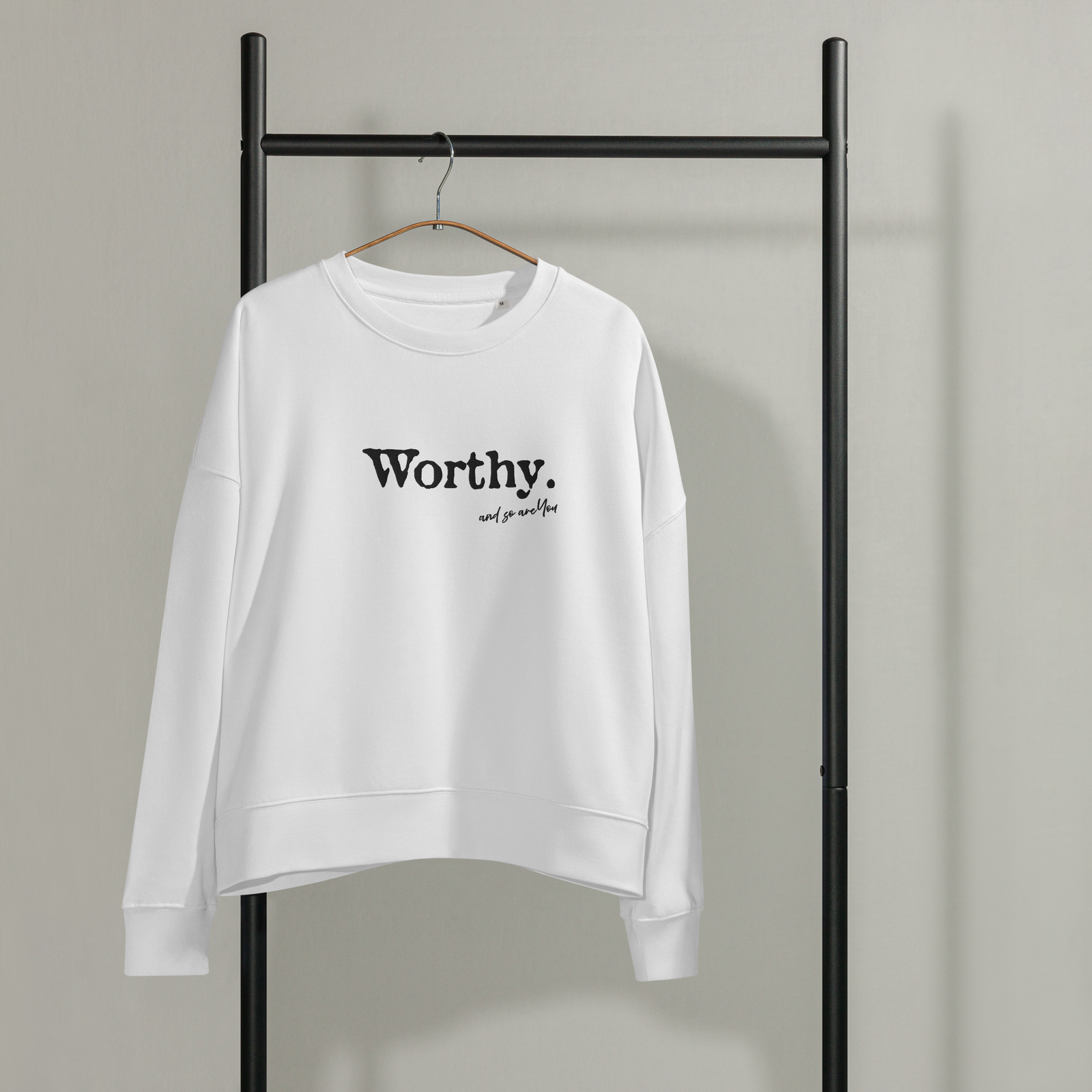 womens-organic-crew-neck-sweatshirt-white-front-68d60dd6893e7 White organic cotton crewneck sweatshirt with 'Worthy' embroidery